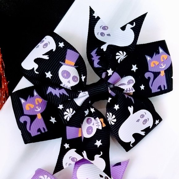 Halloween Hair Bows Clips Skull Ghost Black Cat - Picture 3 of 5